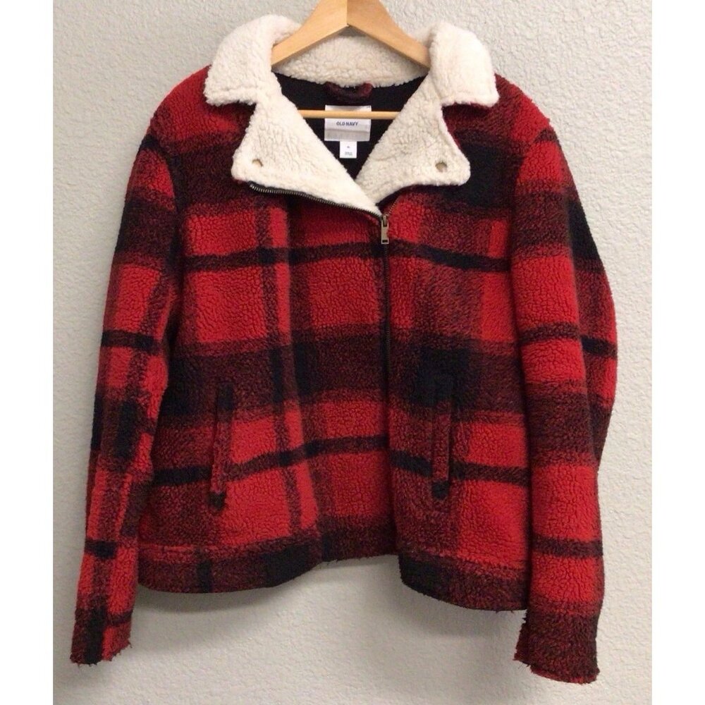 Old Navy Womens Buffalo Plaid Red Black Sherpa Zip Front Jacket Size XL